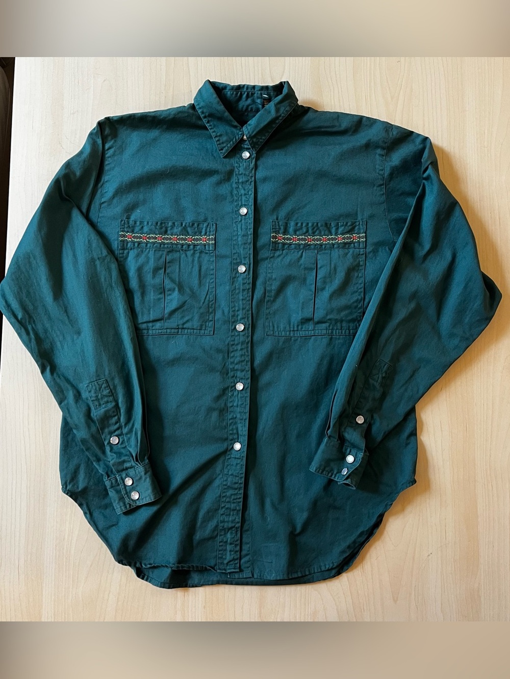 Vintage Dark Teal cotton Button-Up Shirt with designed Chest Pockets opal button